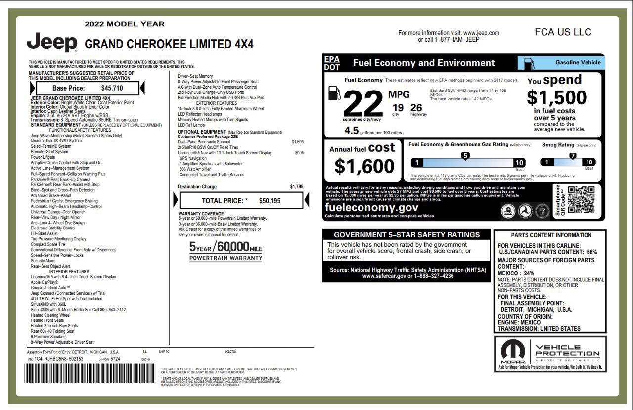 2022 Jeep Grand Cherokee Limited 4x4 4dr SUV (midyear release)