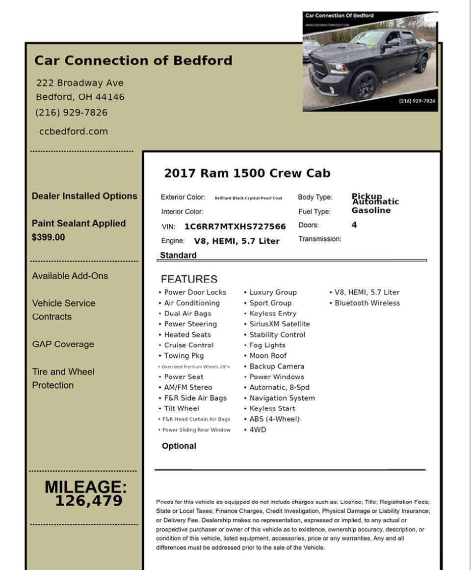 2017 RAM 1500 Night 4x4 4dr Crew Cab 5.5 ft. SB Pickup