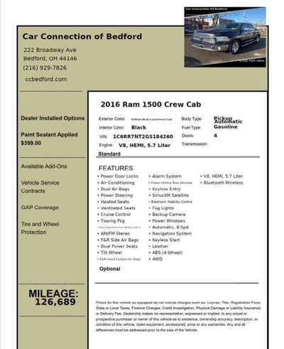 2016 RAM 1500 Laramie 4x4 4dr Crew Cab 5.5 ft. SB Pickup