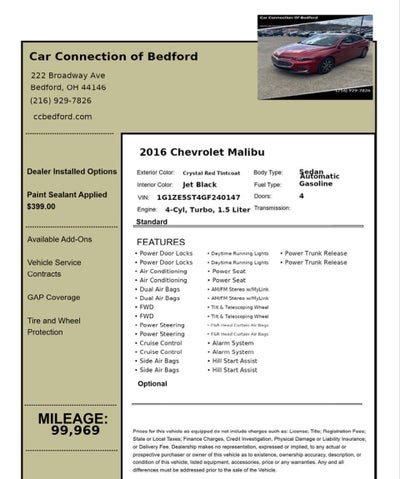 2016 Chevrolet Malibu LT 4dr Sedan w/1LT