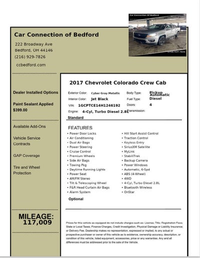 2017 Chevrolet Colorado LT 4x4 4dr Crew Cab 5 ft. SB