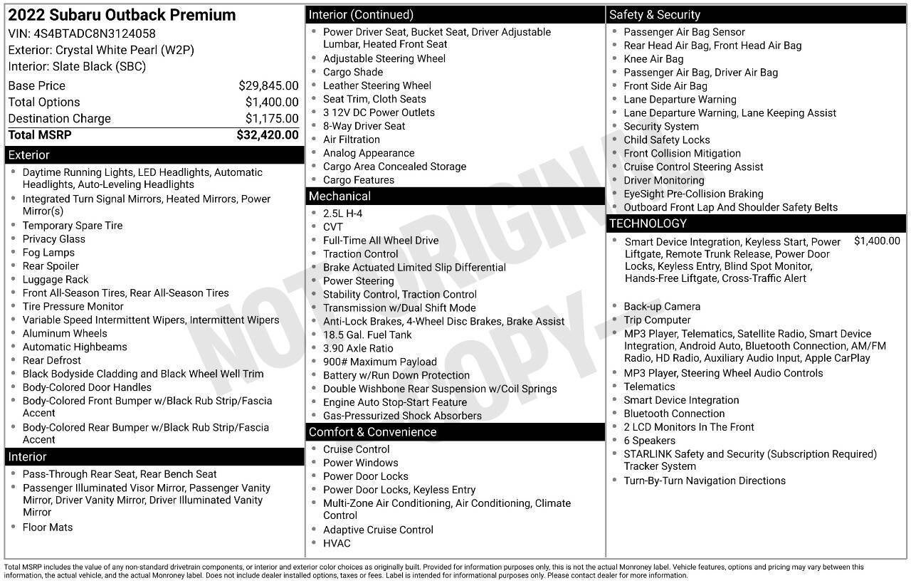 2022 Subaru Outback Premium AWD 4dr Crossover