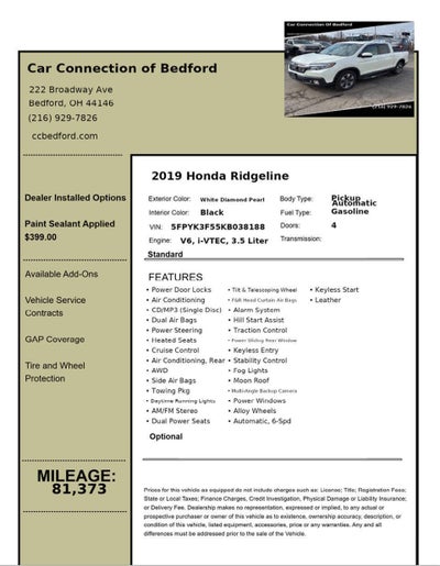 2019 Honda Ridgeline RTL AWD 4dr Crew Cab 5.3 ft. SB