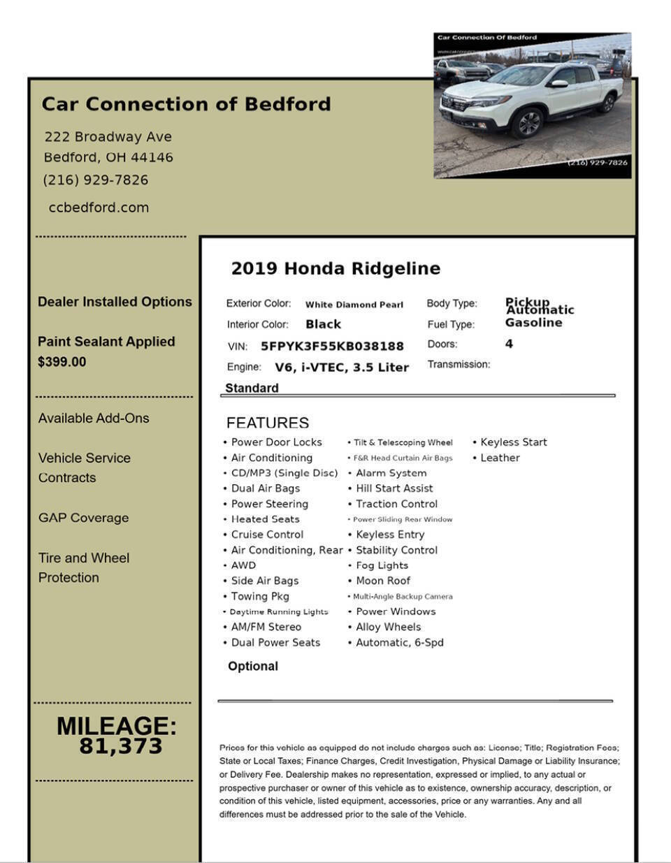 2019 Honda Ridgeline RTL AWD 4dr Crew Cab 5.3 ft. SB