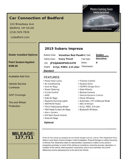 2015 Subaru Impreza 2.0i AWD 4dr Sedan CVT