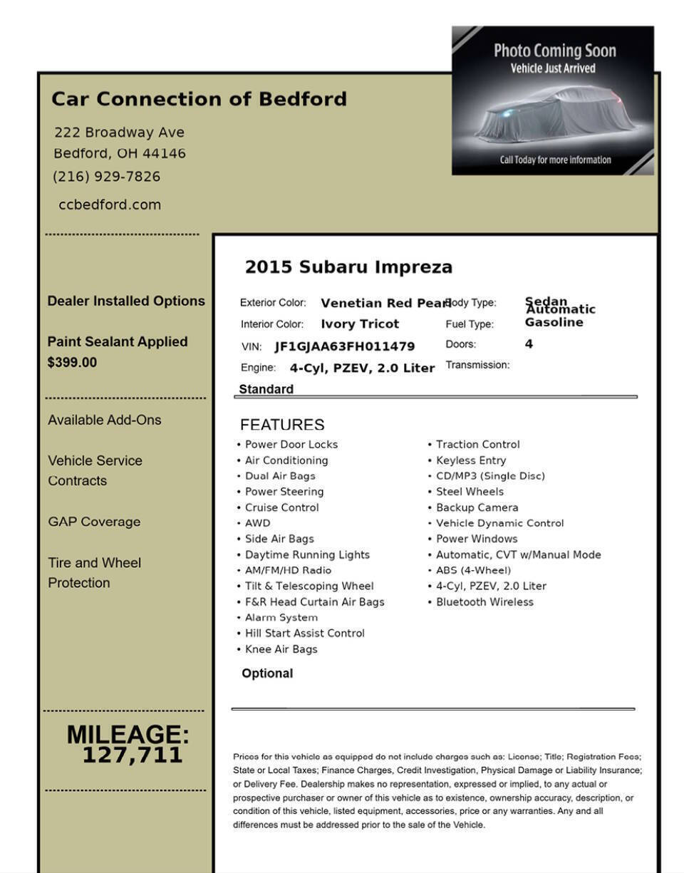 2015 Subaru Impreza 2.0i AWD 4dr Sedan CVT