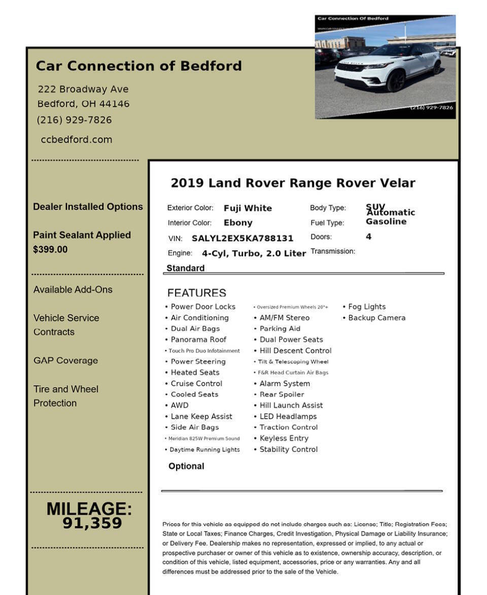 2019 Land Rover Range Rover Velar P250 R Dynamic SE AWD 4dr SUV