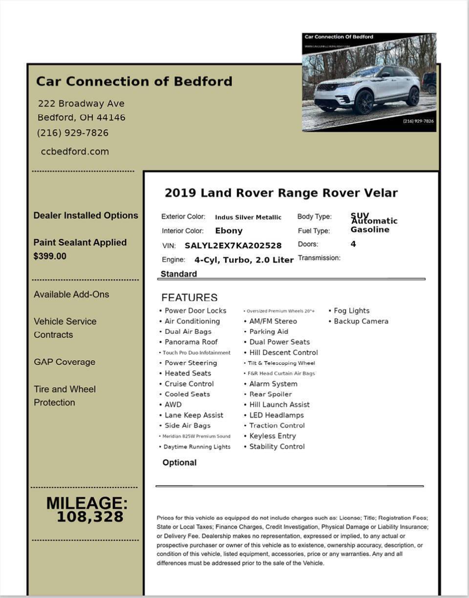 2019 Land Rover Range Rover Velar P250 R Dynamic SE AWD 4dr SUV